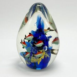 Murano Aquarium Art Glass Paperweight Fish & Coral Egg Handcrafted Rare 6 in